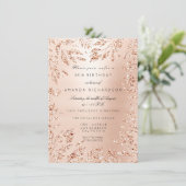 Invitation Cadre floral à feuilles pailletées or rose cristal (Debout devant)