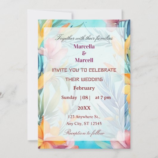 Invitation Cadre floral aquarelle bleu-vert doux (Devant)