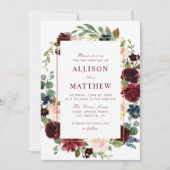Invitation Cadre floral aquarelle bordeaux fleurs mariage (Devant)