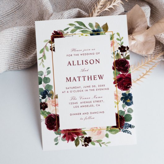 Invitation Cadre floral aquarelle bordeaux fleurs mariage