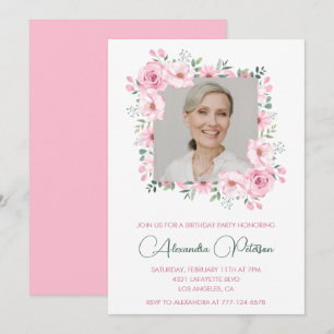 Invitation Cadre floral aquarelle rose Photo 87e anniversaire