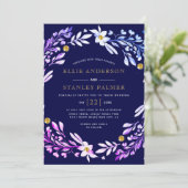 Invitation Cadre floral avec confetti or bleu marine mariage (Debout devant)