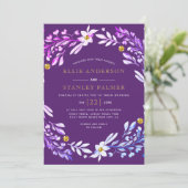 Invitation Cadre floral avec mariage violet confetti or (Debout devant)