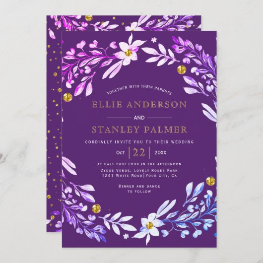 Invitation Cadre floral avec mariage violet confetti or (Devant / Derrière)
