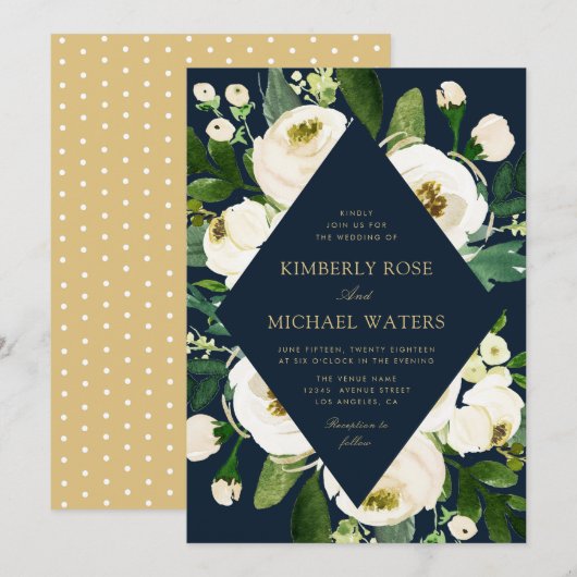 Invitation Cadre floral blanc ivoire marine mariage (Devant / Derrière)