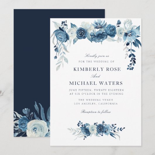 Invitation cadre floral bleu clair lune mariage (Devant / Derrière)