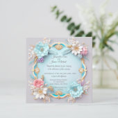 Invitation Cadre Floral Bleu Et Or Exquis (Debout devant)