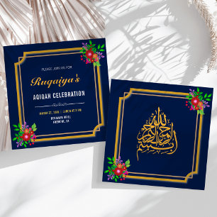 Invitation Cadre floral bleu foncé Bébé fille Aqiqah
