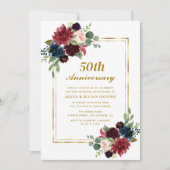 Invitation cadre floral bleu marine bordeaux 50e anniversaire (Devant)