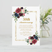 Invitation cadre floral bleu marine bordeaux 50e anniversaire (Debout devant)