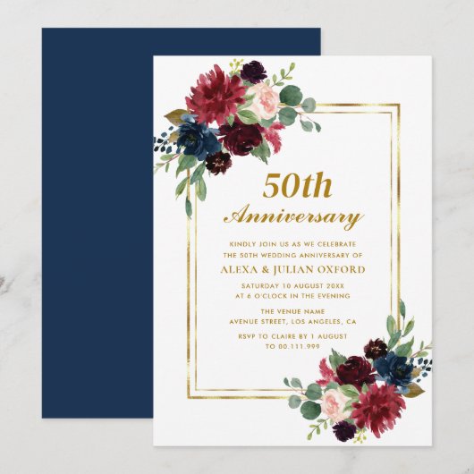 Invitation cadre floral bleu marine bordeaux 50e anniversaire (Devant / Derrière)