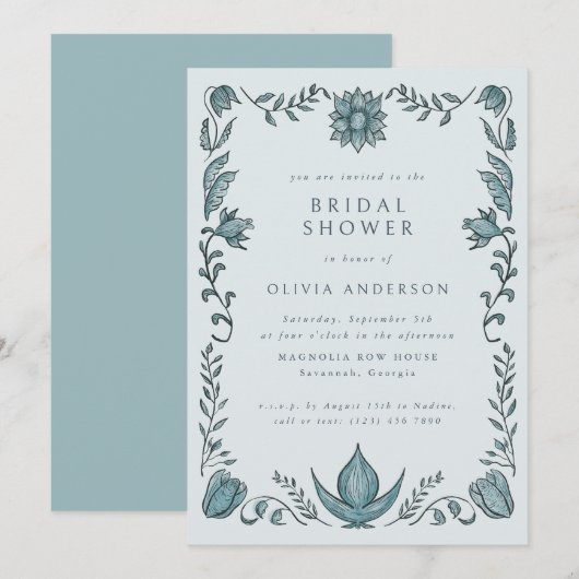 Invitation Cadre floral bleu Printemps Eté Shower de mariage (Devant / Derrière)