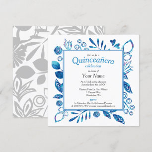 Invitation Cadre Floral bleu Quinceañera Carré