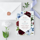 Invitation cadre floral bordeaux & bleu poussiéreux mariage