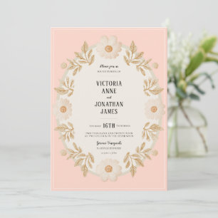 Invitation Cadre Floral Crème Pêche Photo Mariage