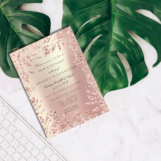 Invitation Cadre floral de feuilles de paillettes en or rose