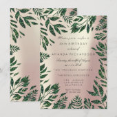 Invitation Cadre floral de feuilles de rose doré pailleté ver (Devant / Derrière)