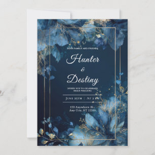 Invitation Cadre Floral Doré Bleu Minuit Luxueux Hiver