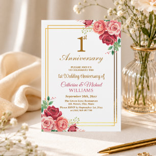 Invitation Cadre floral doré pour le 1er anniversaire de mari