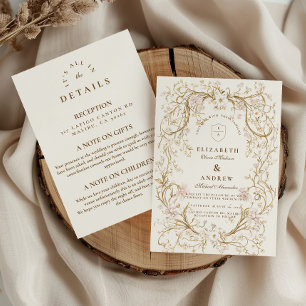 Invitation Cadre Floral Doré Romantique Vintage + Détails