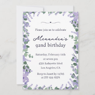 Invitation Cadre floral élégant lavande violet pour 92e anniv