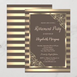 Invitation Cadre floral élégant or rayé marron Retraite