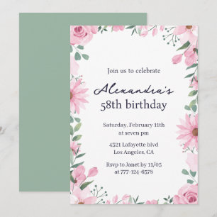 Invitation Cadre floral élégant rose vert 58e anniversaire