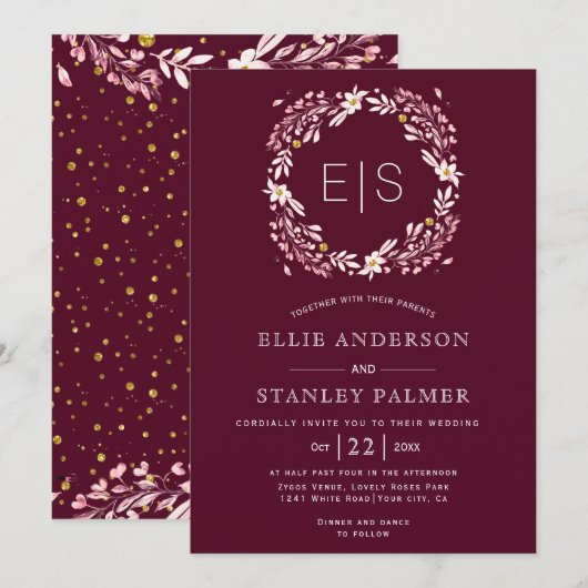 Invitation Cadre floral et confetti or mariage bordeaux (Devant / Derrière)