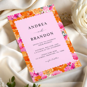 Invitation Cadre floral et ondulé aquarelle rose et orange