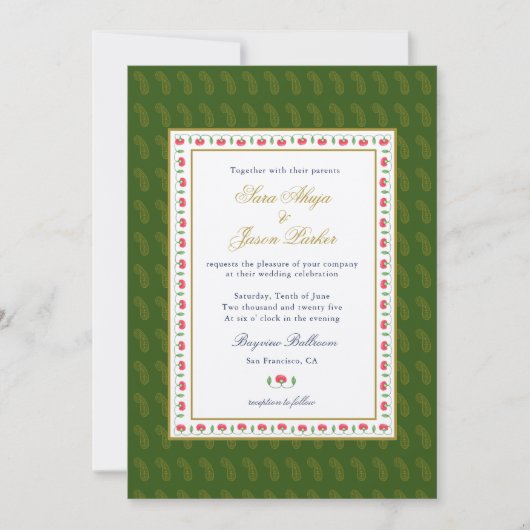 Invitation Cadre Floral Ethnique mariage Indien Vert (Devant)