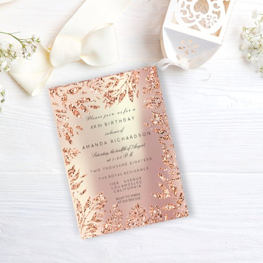 Invitation Cadre floral feuilles de strass doré rose nacré