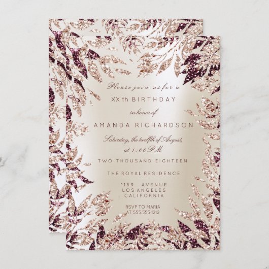 Invitation Cadre floral feuilles pailletées or rose Bourgogne (Devant / Derrière)