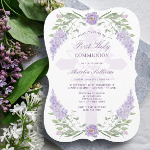 Invitation Cadre floral lilas Première communion Sainte Croix