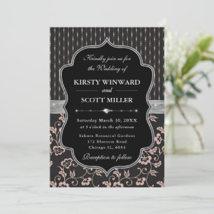 Invitation Cadre Floral Mariage Rose Noir Élégant