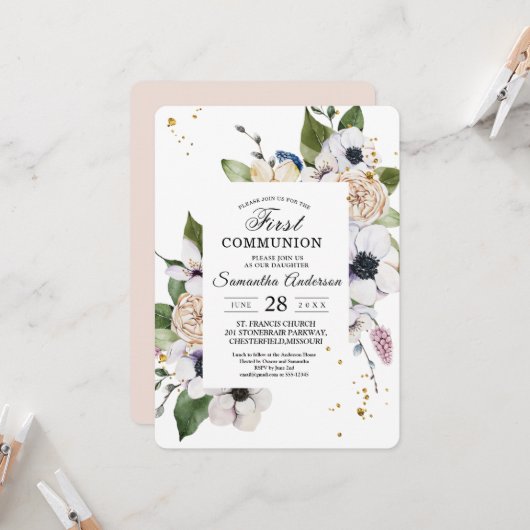 Invitation Cadre Floral Moderne Élégant et gouttes d'or (Devant/Arrière en situation)