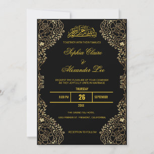 Invitation Cadre floral noir et or pour mariage islamique mus