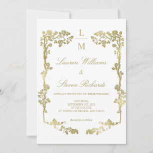 Invitation Cadre floral personnalisé blanc et or mariage roya