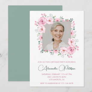 Invitation Cadre floral photo vert rose 88e anniversaire