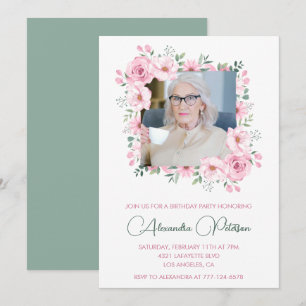 Invitation Cadre floral photo vert rose 92e anniversaire