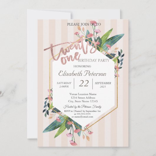 Invitation Cadre floral rayé 21e fête d'anniversaire (Devant)