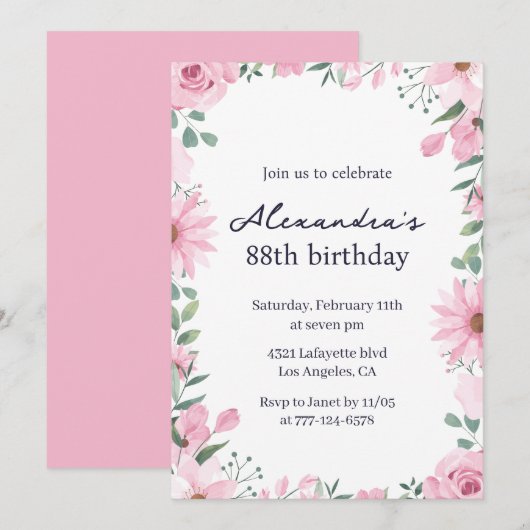 Invitation Cadre floral rose 88e anniversaire (Devant / Derrière)