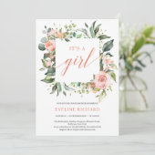 Invitation Cadre floral rose vif vert boho c'est une fille (Debout devant)