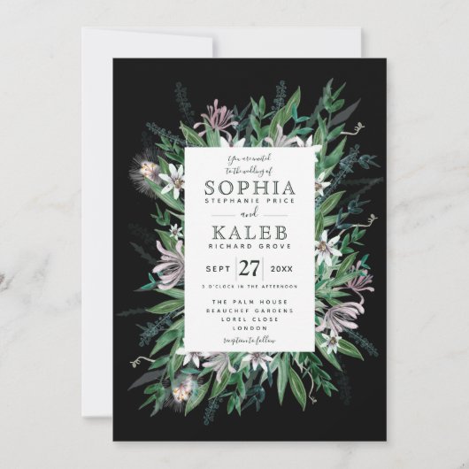 Invitation Cadre floral rustique en noir de minuit (Devant)