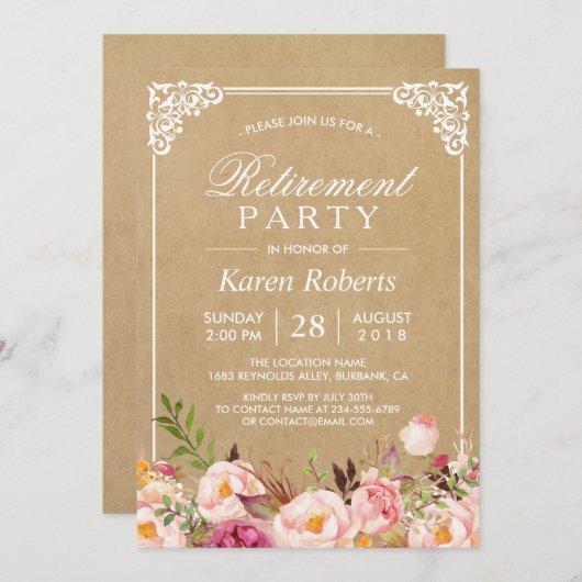 Invitation Cadre Floral Rustique Kraft | Retraite (Devant / Derrière)