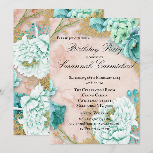 Invitation Cadre Floral Vert Mint, Aquarelle Rose Anniversair (Devant / Derrière)