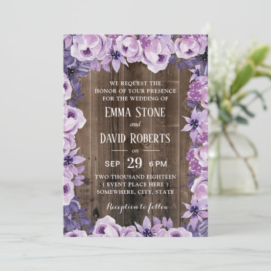 Invitation Cadre Floral Violet Rustique Élégant Mariage de gr (Debout devant)