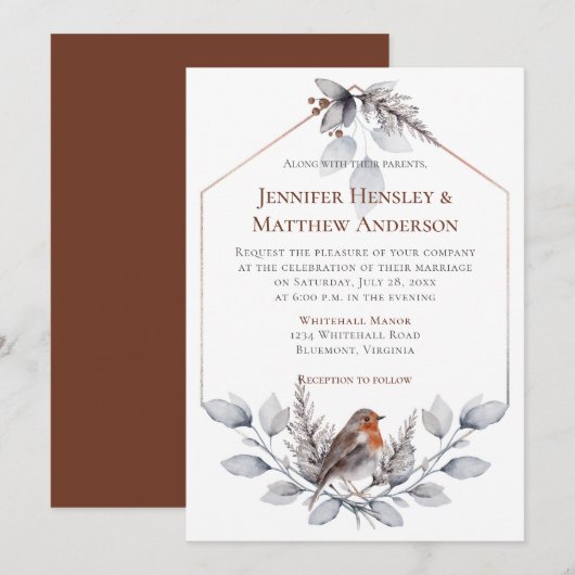 Invitation Cadre géométrique Argent gris rouille Feuille Bird (Devant / Derrière)