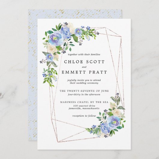 Invitation Cadre géométrique bleu Hydrangea Floral Or (Devant / Derrière)