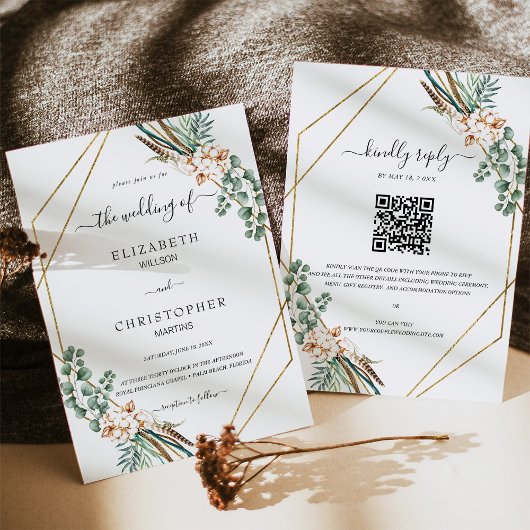 Invitation Cadre géométrique Boho vert Code QR Mariage RSVP