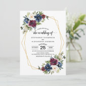 Invitation Cadre géométrique Bourgogne Mariage de fleurs de m (Debout devant)